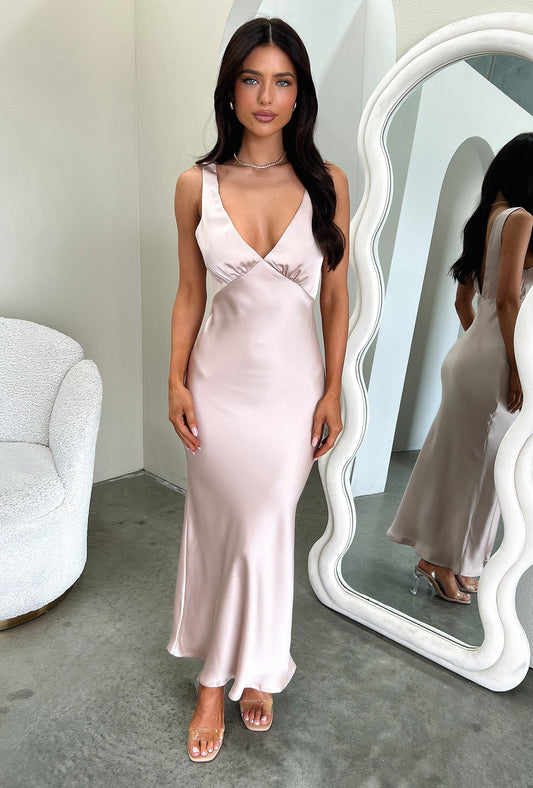 Delayne V-Neck Satin Midi Dress - Champagne