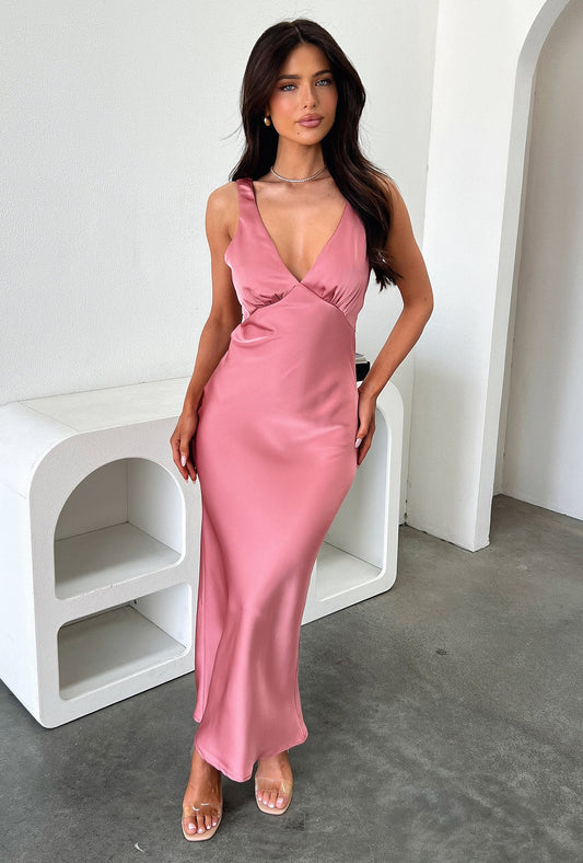 Delayne V-Neck Satin Midi Dress - Rose