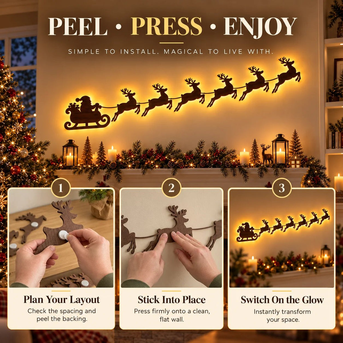 🦌 Santa Sleigh & 6 Reindeer LED Wall Display – Warm Christmas Glow(Individual Lights + Remote Control)