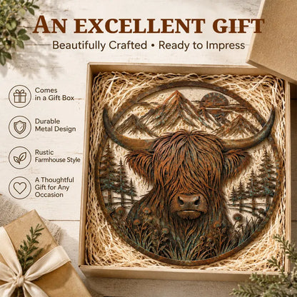 🐂Highland Cow Mountain Scene Metal Wall🏔️