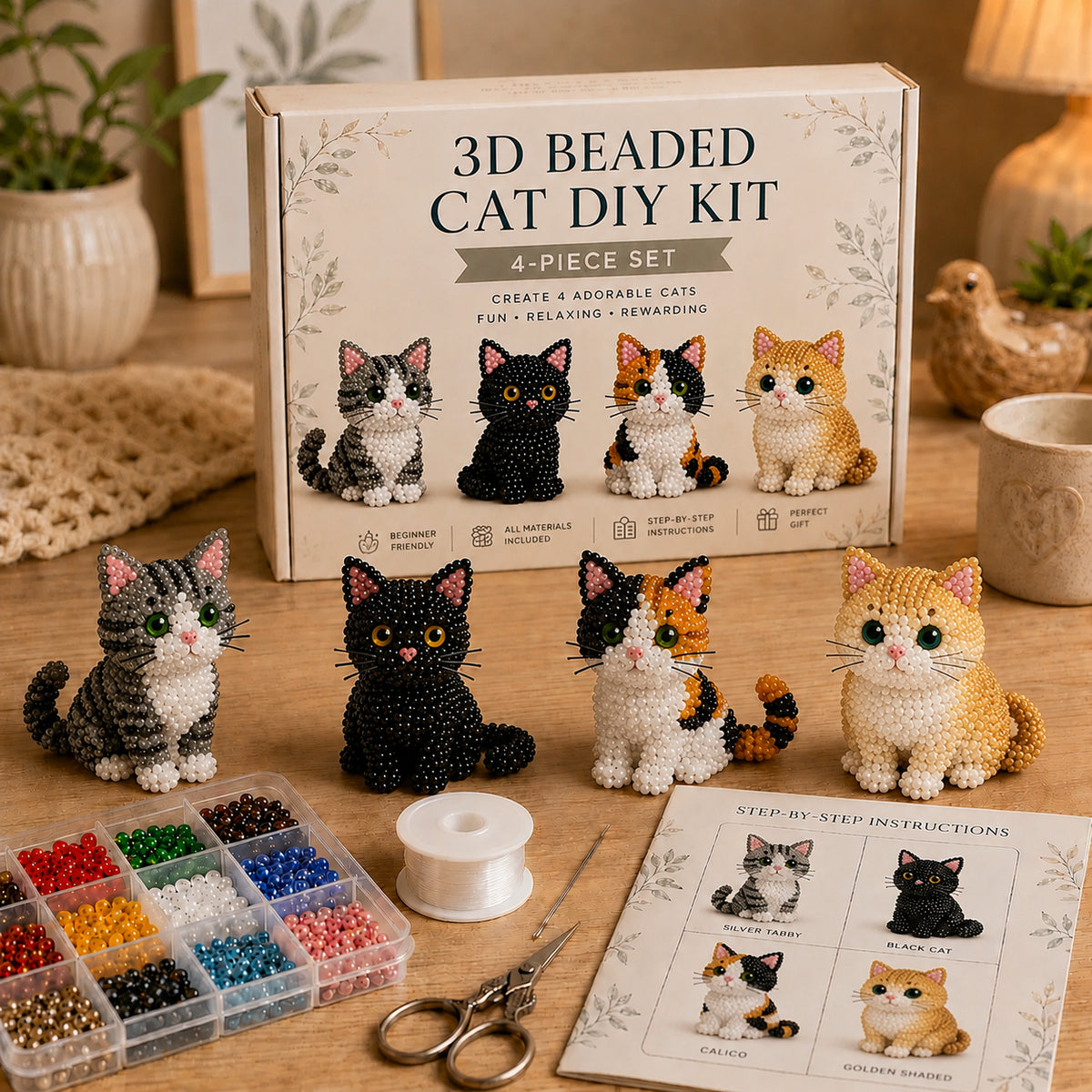 3D Beaded Cat DIY Kit – Adorable 4-Piece Cat Craft Set