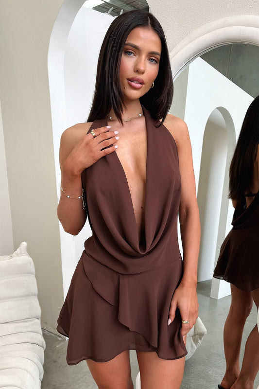 Cleo Plunge Cowl Neck Mini Dress - Brown