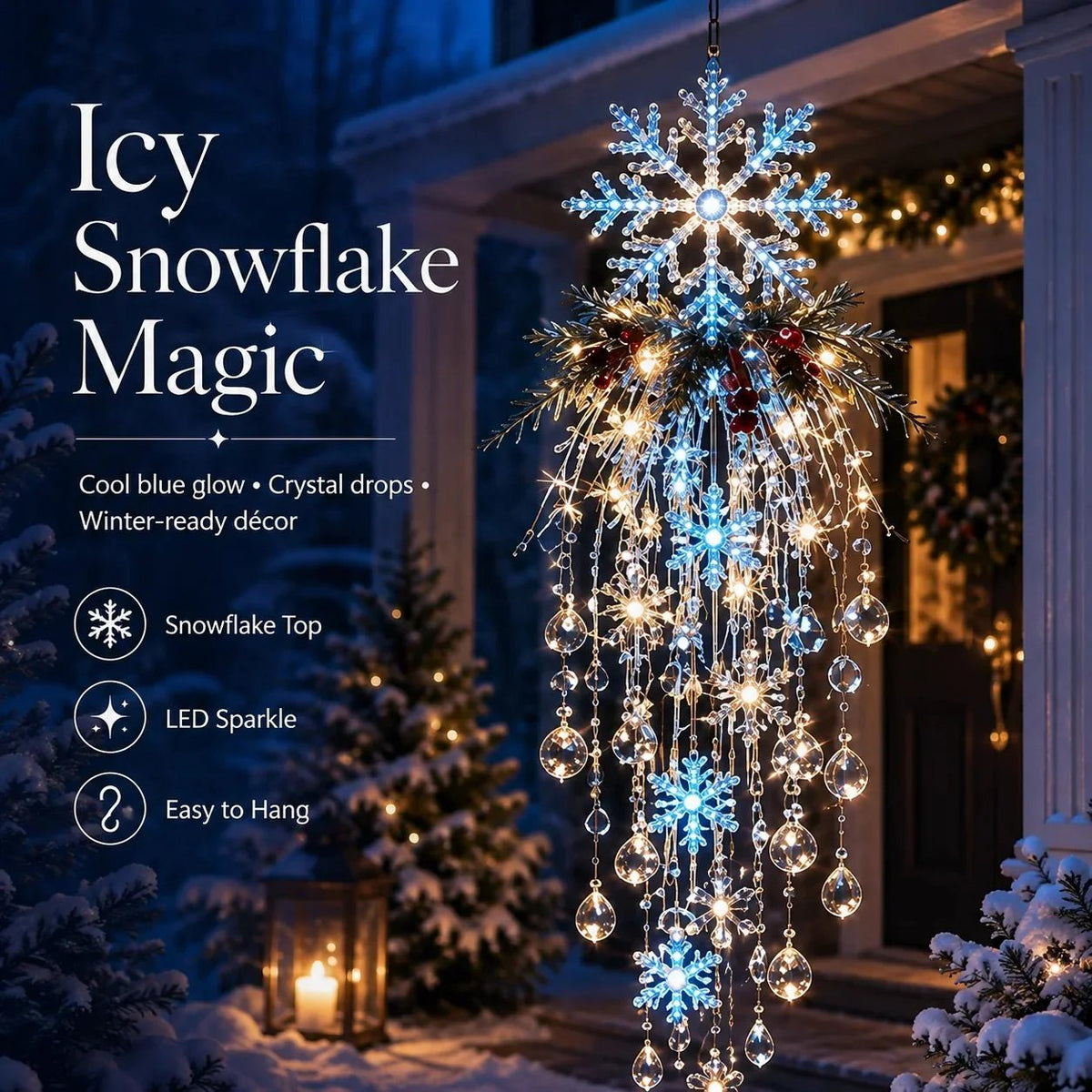 Crystal Cascade Christmas Light – Hanging Snowflake & Crystal LED Porch Décor ✨❄️
