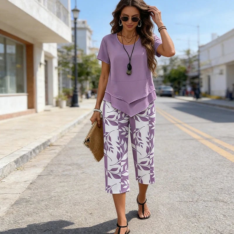 💖Casual Round Neck Layered Tunic Top & Wide Leg Pants Set👚👖