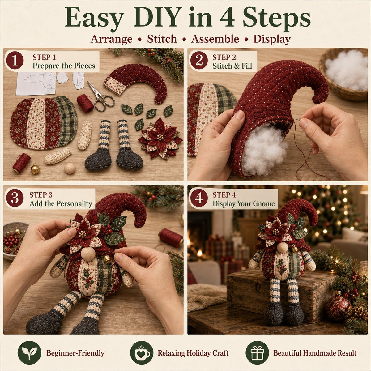 🎄Beginner-Friendly DIY Quilted Christmas Gnome Shelf Sitter Kit | Complete Kit with Coordinated Fabrics, Filling & Step-by-Step Guide Included 💕