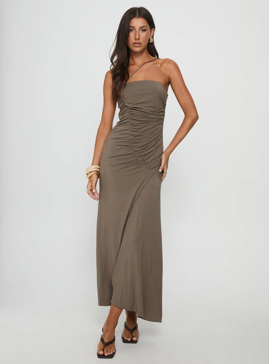 Romanie One Shoulder Ruched Maxi Dress Taupe