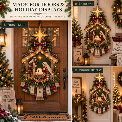 ⏳ Last Day 50% OFF – ✨ Lighted Nativity Christmas Door Hanging – Rustic Holy Family Wreath Decor 🎄