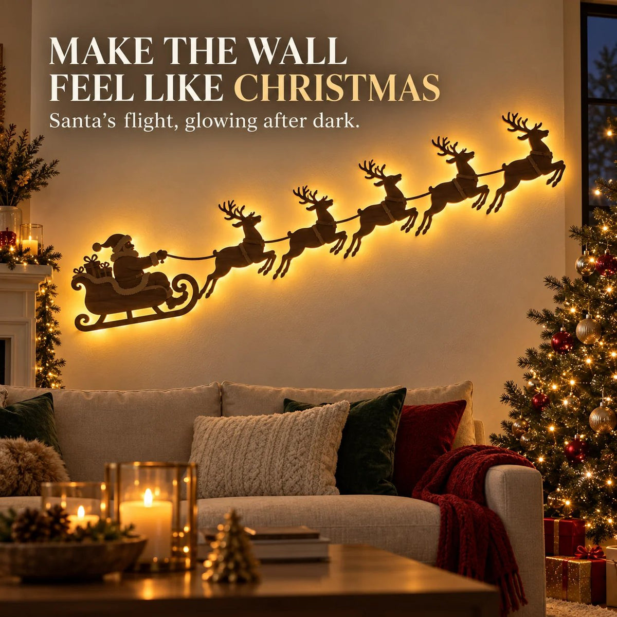 🦌 Santa Sleigh & 6 Reindeer LED Wall Display – Warm Christmas Glow(Individual Lights + Remote Control)