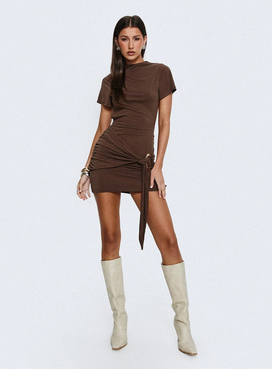 Madlen Open Back Draped Mini Dress Brown