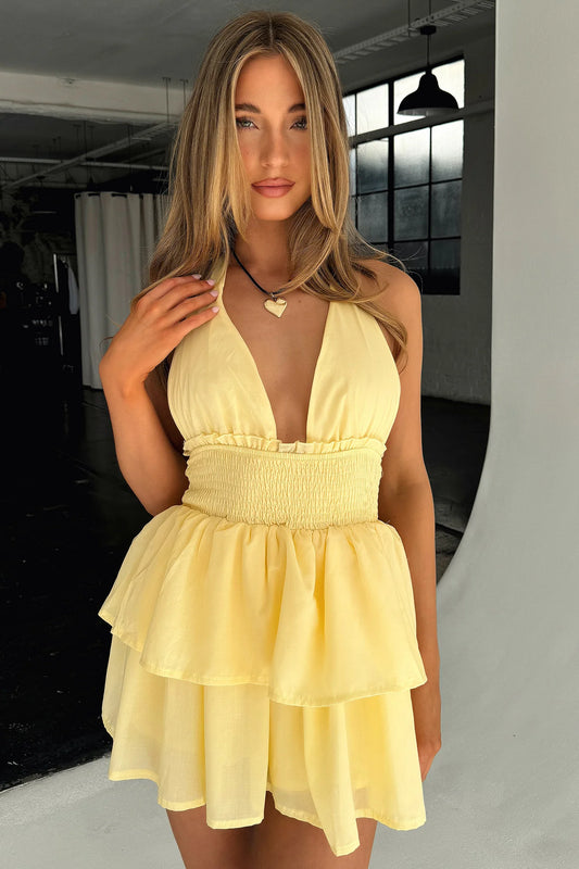 April Tiered Halter Mini Dress - Yellow