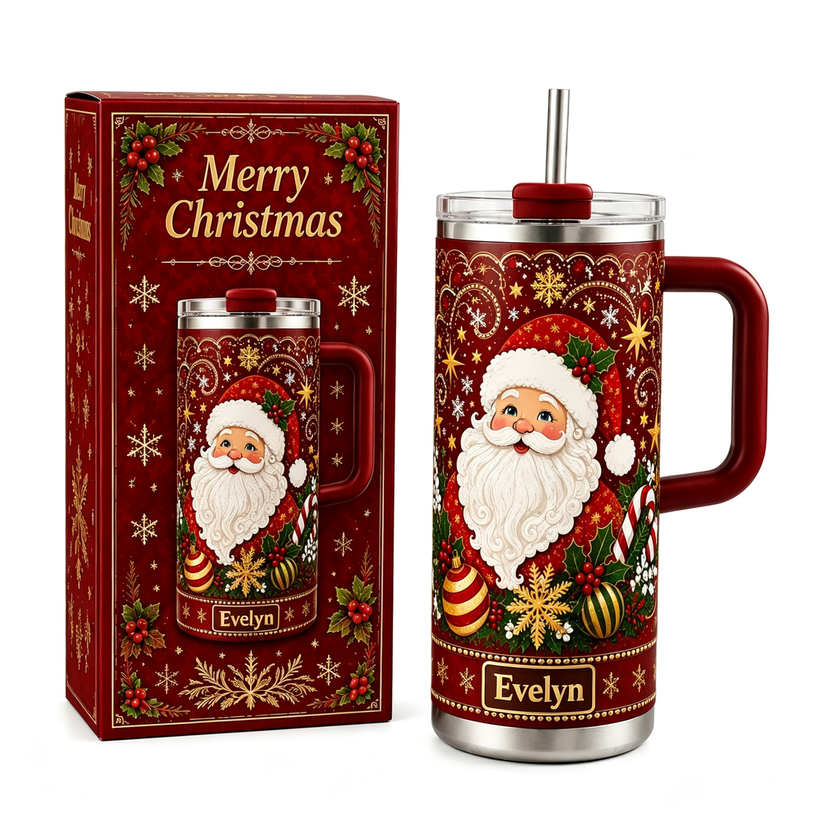 🎅 Personalized Christmas Santa Snowflake 40oz Handle Tumbler 🎄✨
