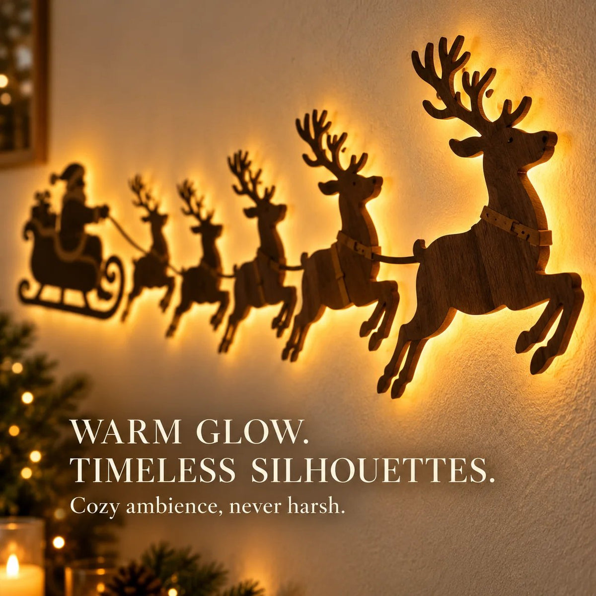 🦌 Santa Sleigh & 6 Reindeer LED Wall Display – Warm Christmas Glow(Individual Lights + Remote Control)