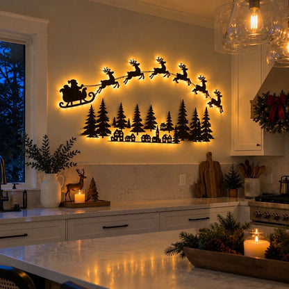 🦌 Santa Sleigh & 6 Reindeer LED Wall Display – Warm Christmas Glow(Individual Lights + Remote Control)