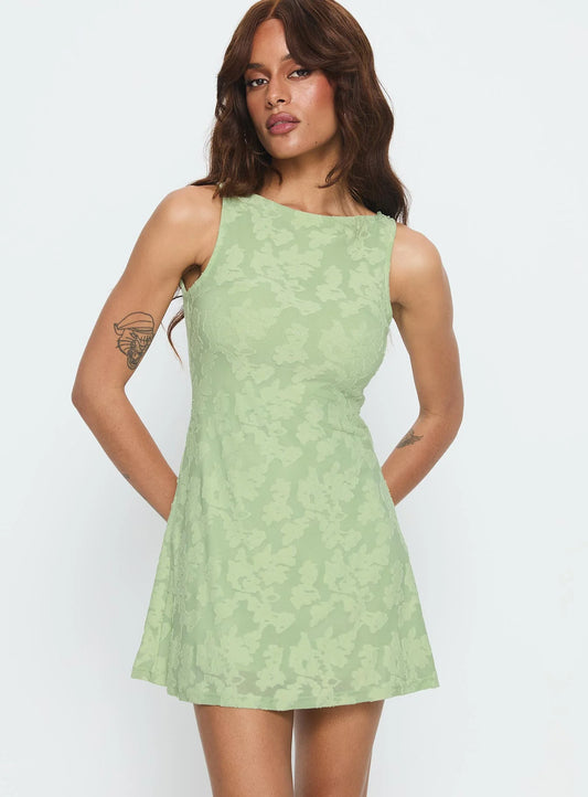 Charming Life Boat Neck Mini Dress Green Floral