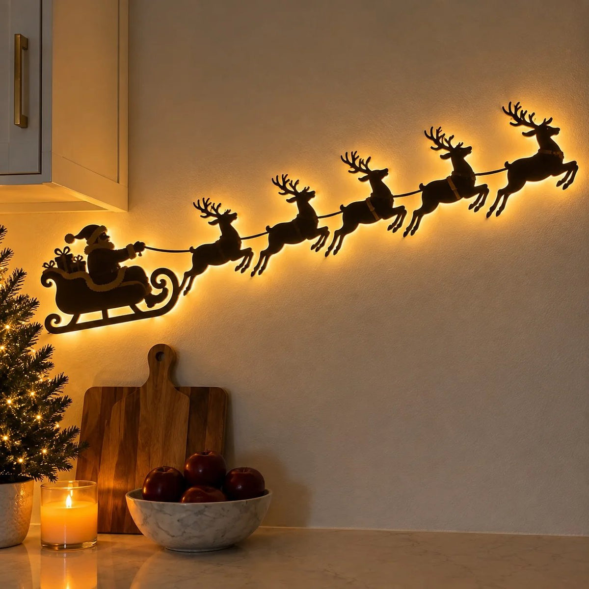 🦌 Santa Sleigh & 6 Reindeer LED Wall Display – Warm Christmas Glow(Individual Lights + Remote Control)