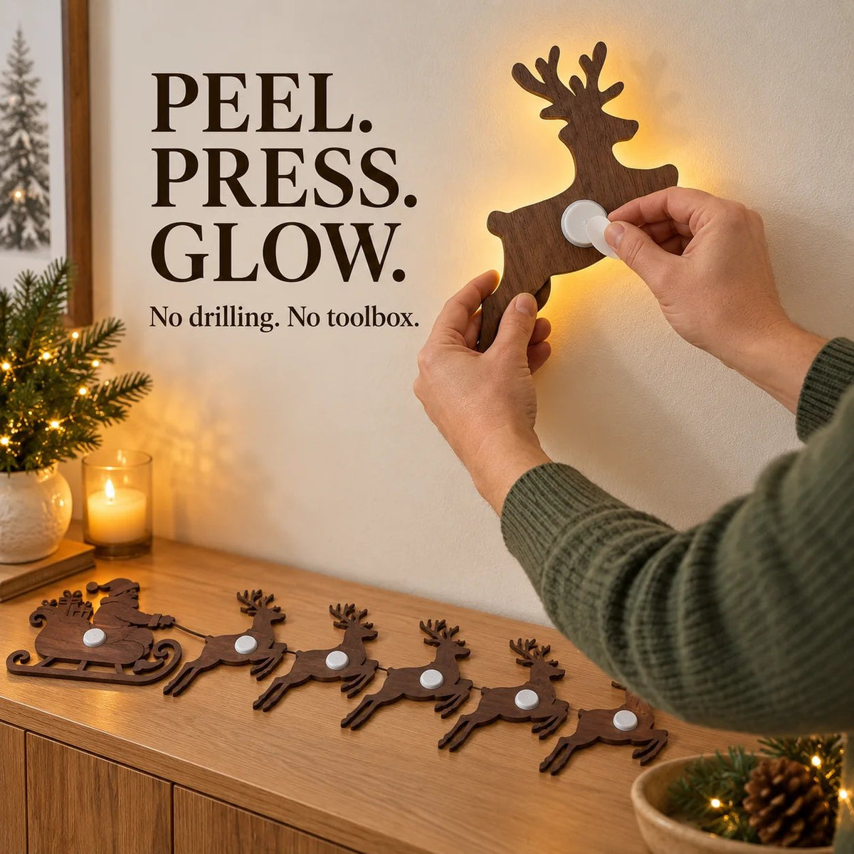 🦌 Santa Sleigh & 6 Reindeer LED Wall Display – Warm Christmas Glow(Individual Lights + Remote Control)