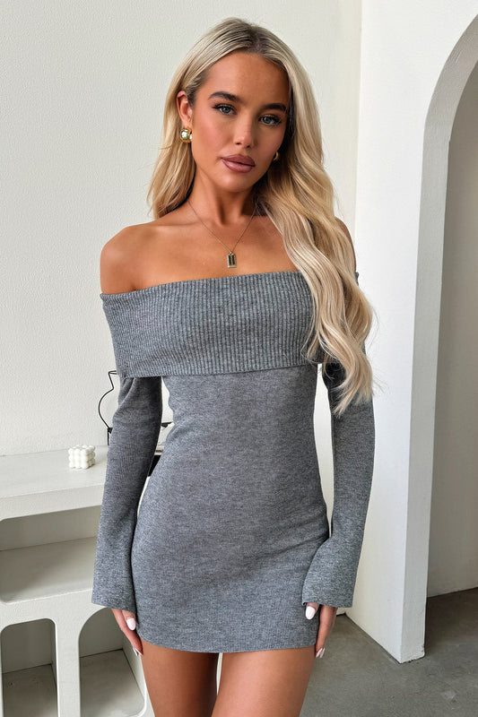 Aaliyah Off Shoulder Knit Mini Dress - Grey