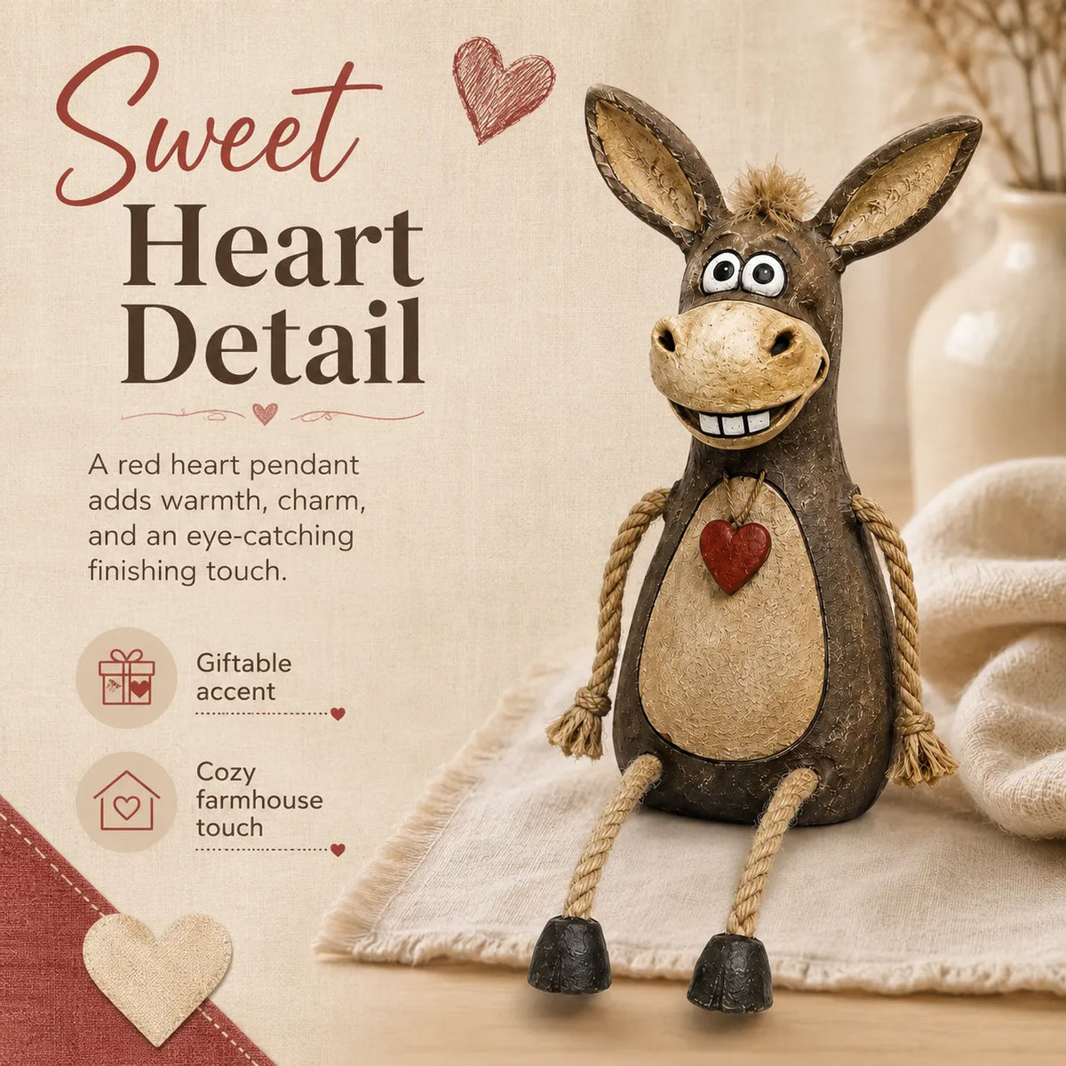 Rustic donkey figure on a plank with dangling rope legs