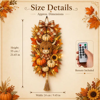 🐮🏡 Highland Cow Harvest Door Decoration with Warm Lights