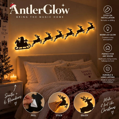 🦌 Santa Sleigh & 6 Reindeer LED Wall Display – Warm Christmas Glow(Individual Lights + Remote Control)