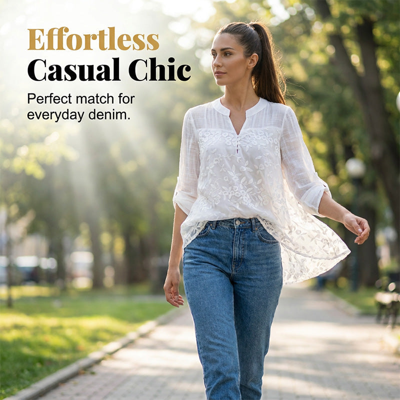 Lace Panel V-Neck Blouse – Embroidered, Roll-Up Sleeves, Effortless Chic
