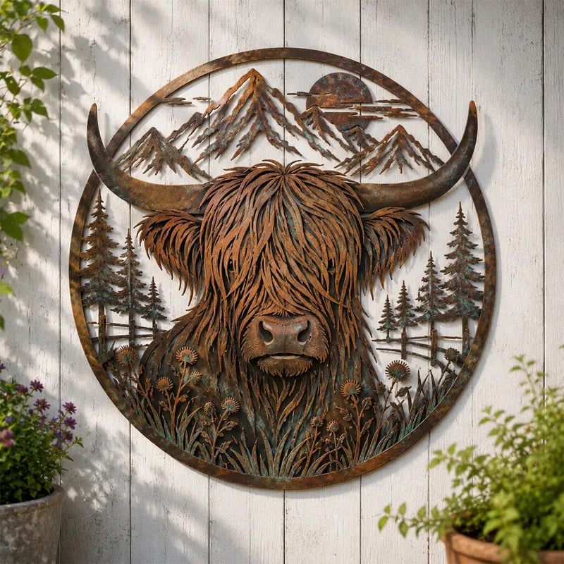 🐂Highland Cow Mountain Scene Metal Wall🏔️