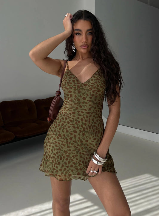 Ailyn V-neck Mini Dress Green Leopard
