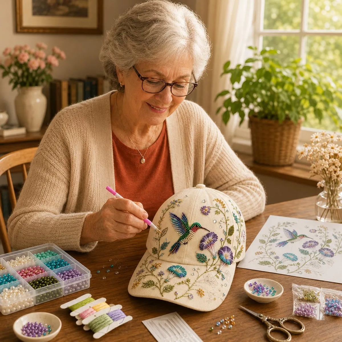 🐦🌸 Premium Hummingbird Garden Beaded Hat DIY Kit