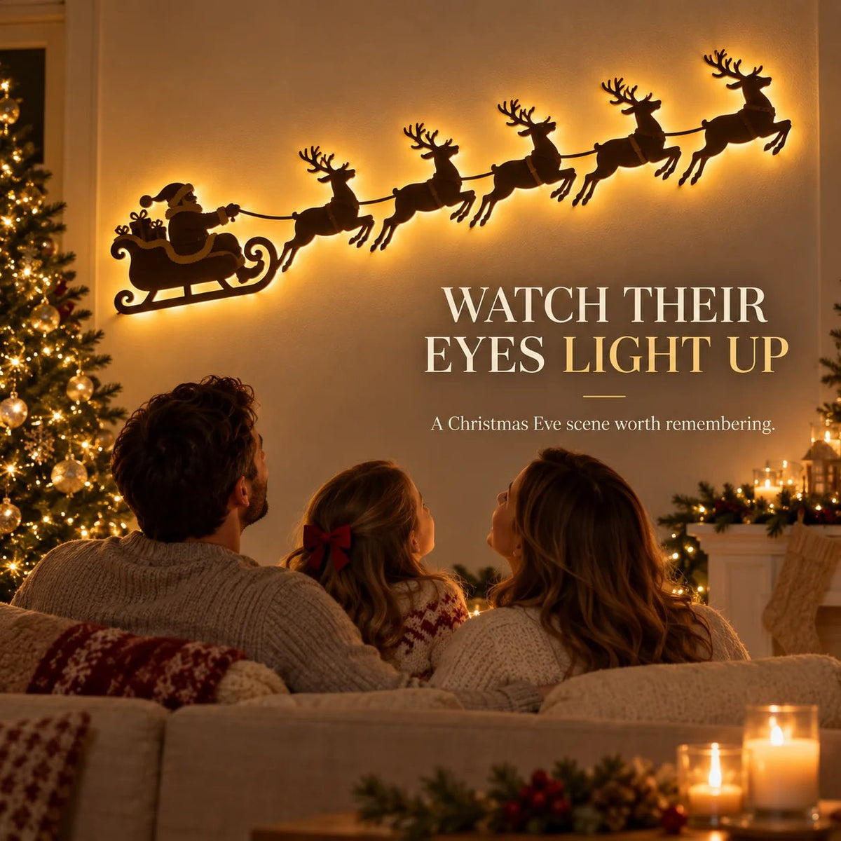 🦌 Santa Sleigh & 6 Reindeer LED Wall Display – Warm Christmas Glow(Individual Lights + Remote Control)