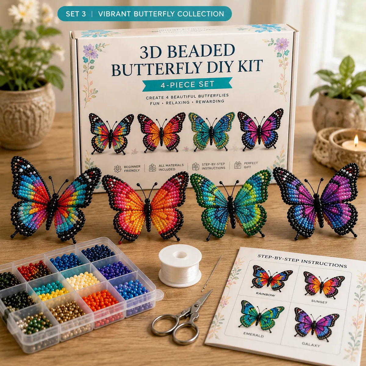 3D Beaded Butterfly DIY Kit – 4-Piece Handmade Butterfly Craft Set