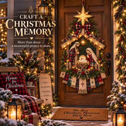 ⏳ Last Day 50% OFF – ✨ Lighted Nativity Christmas Door Hanging – Rustic Holy Family Wreath Decor 🎄