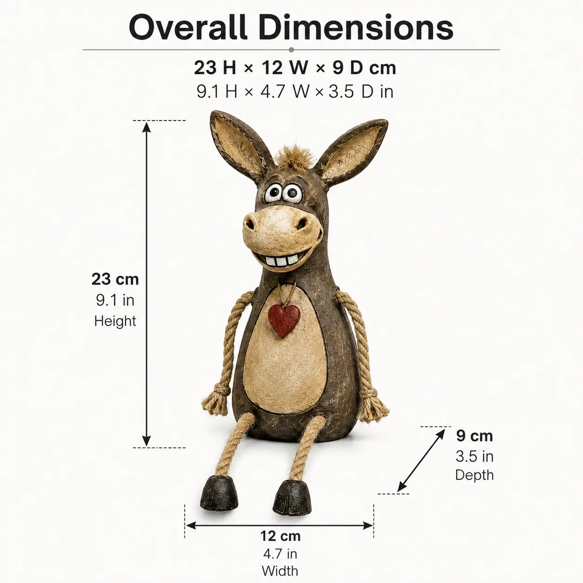 Rustic donkey figure on a plank with dangling rope legs