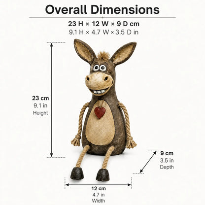 Rustic donkey figure on a plank with dangling rope legs