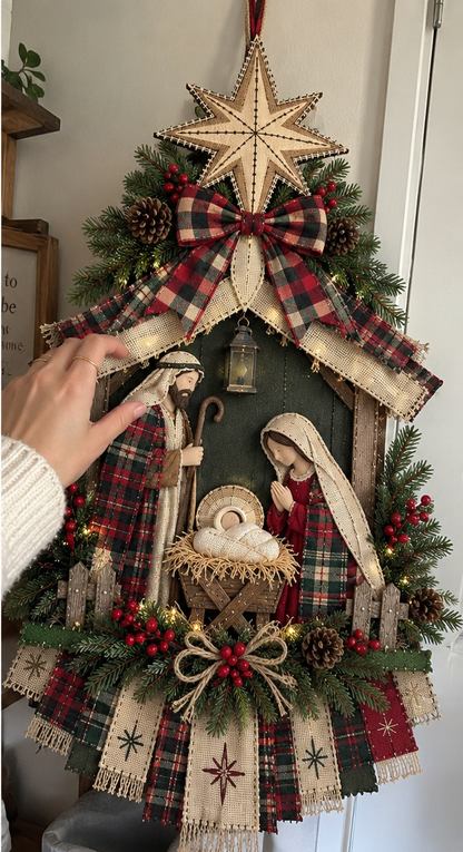 ⏳ Last Day 50% OFF – ✨ Lighted Nativity Christmas Door Hanging – Rustic Holy Family Wreath Decor 🎄