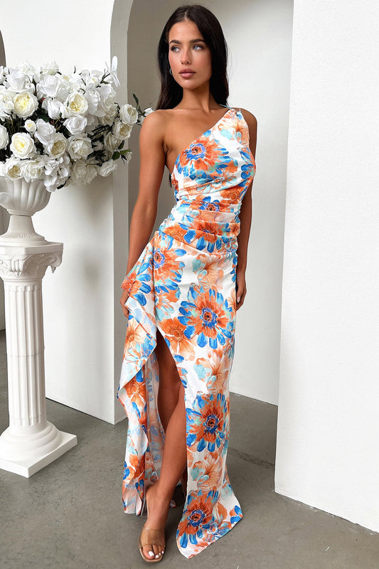 Elianna One Shoulder Satin Maxi Dress - Blue Floral