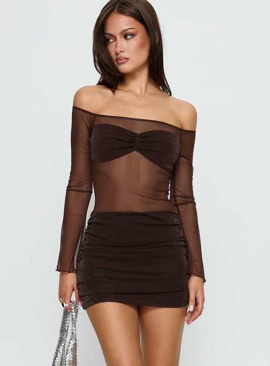 Briseida Mesh Long Sleeve Mini Dress Chocolate