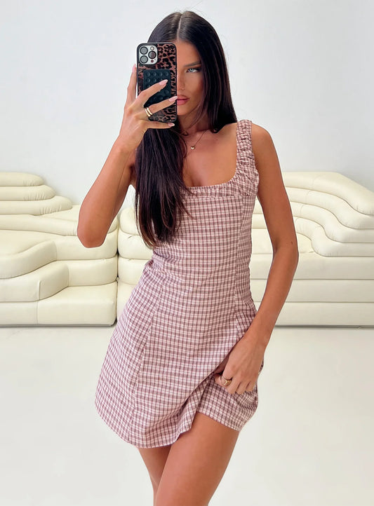 Denley Cinched Mini Dress Pink Check