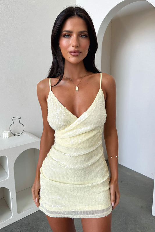 Kelera Mini Dress - Baby Yellow Sequin