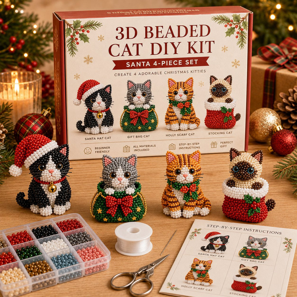 Premium 3D Beaded Christmas Cats DIY Kit | Luxury Flocked Canvas with Scratch-Resistant Non-Fading Pearl Beads DIY Holiday Decor & Step-by-Step Guide