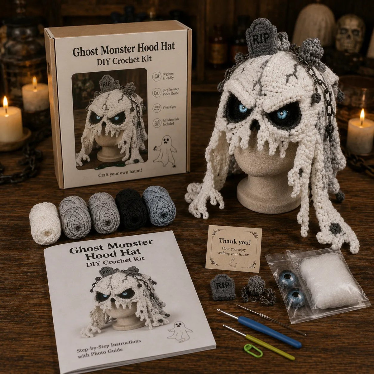 🔥 LAST DAY 49% OFF – 🎃 Halloween Monster Hood DIY Crochet Kit | Premium Soft Yarn Materials with Step-by-Step Guide DIY Handmade Wearable Character Hood 🧶🎭✨