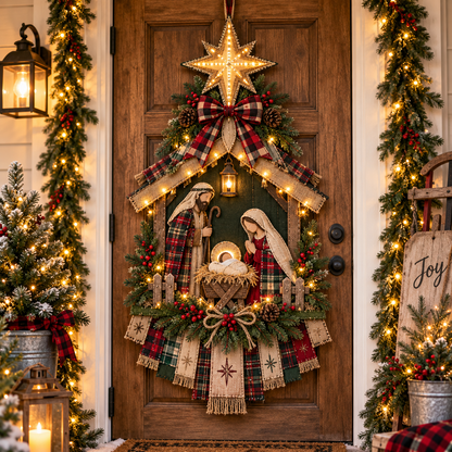 ⏳ Last Day 50% OFF – ✨ Lighted Nativity Christmas Door Hanging – Rustic Holy Family Wreath Decor 🎄