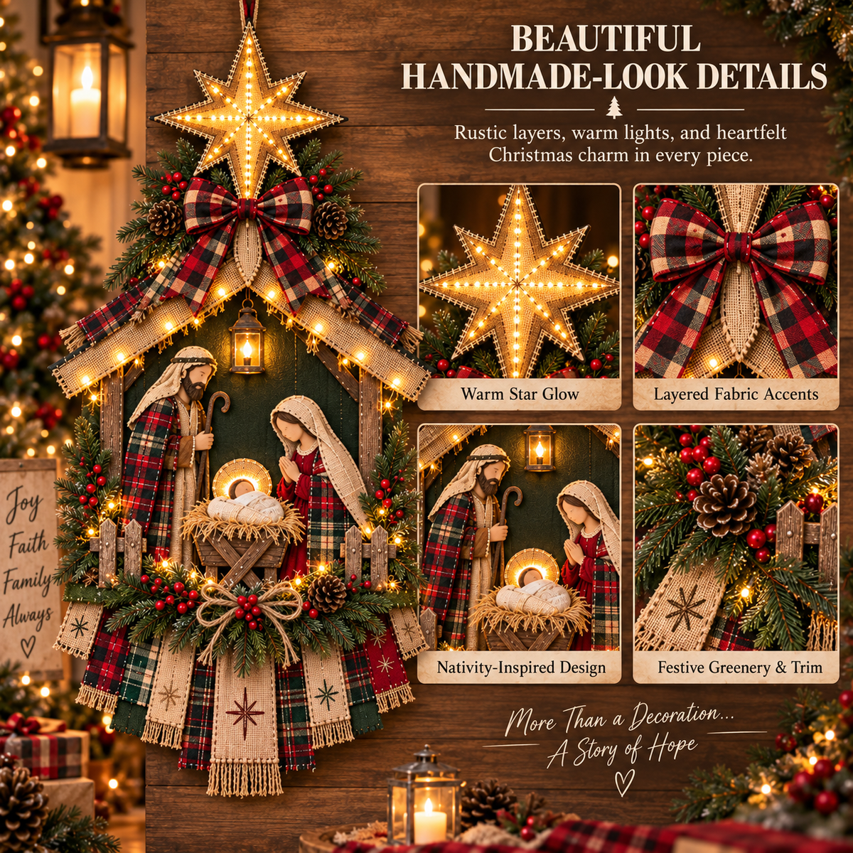 ⏳ Last Day 50% OFF – ✨ Lighted Nativity Christmas Door Hanging – Rustic Holy Family Wreath Decor 🎄