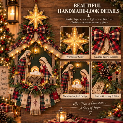 ⏳ Last Day 50% OFF – ✨ Lighted Nativity Christmas Door Hanging – Rustic Holy Family Wreath Decor 🎄
