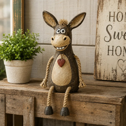 Rustic donkey figure on a plank with dangling rope legs