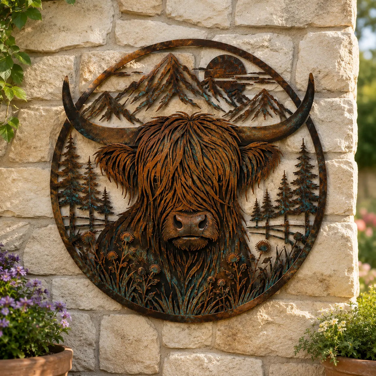 🐂Highland Cow Mountain Scene Metal Wall🏔️