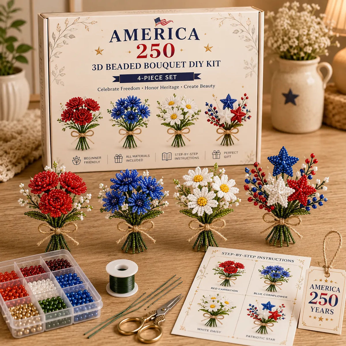 America 250 Beaded Bouquet DIY Kit – Limited Edition Patriotic Craft Collection