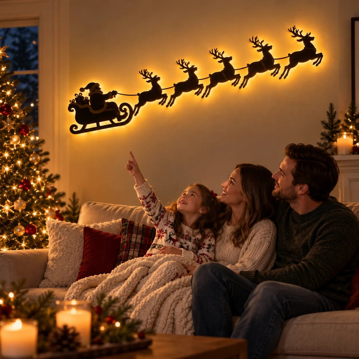 🦌 Santa Sleigh & 6 Reindeer LED Wall Display – Warm Christmas Glow(Individual Lights + Remote Control)