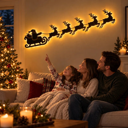 🦌 Santa Sleigh & 6 Reindeer LED Wall Display – Warm Christmas Glow(Individual Lights + Remote Control)
