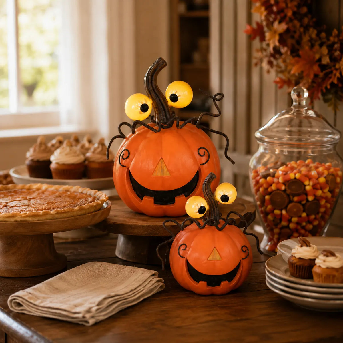 Set of 2 Lighted Pumpkin Spider Decorations