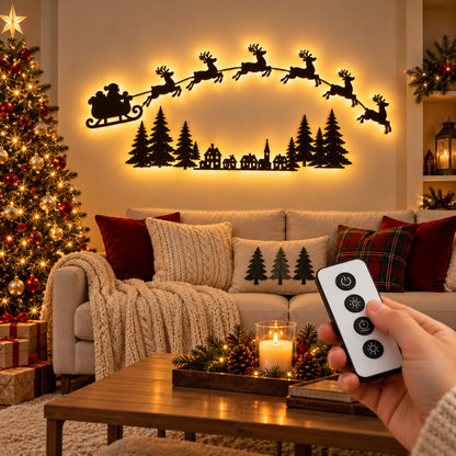 🦌 Santa Sleigh & 6 Reindeer LED Wall Display – Warm Christmas Glow(Individual Lights + Remote Control)